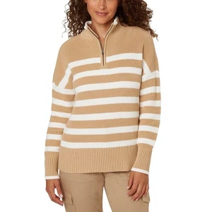 Lands' End Damen Rippstrick Borte Viertelreißverschluss warmer Pullover Baumwolle weich sand Large - Bild 1 von 17