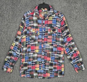 Vintage Madras Shirt Mens Large Multicolor Patchwork Plaid Long Sleeve Button Up - Picture 1 of 12