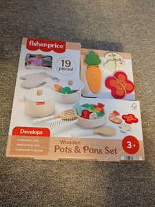 Fisher-Price Wooden  Kitchen Pots & Pans Set 19 Wood Pieces Preschool NEW 3+ - Picture 1 of 3