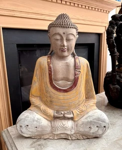 20” Large Antique Solid Wood Sitting Gautama Amitabha Shakyamuni Buddha Statue - Picture 1 of 8