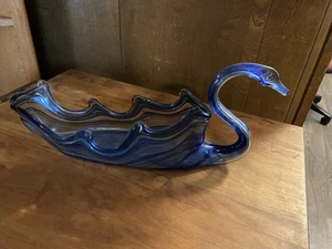 Mid-Century Vintage Murano Style Large H Blown Glass Cobalt Blue Swirl Swan Dish - Picture 1 of 4