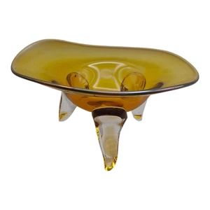 Blown Art Glass Amber 3 Footed Trinket Dish Signed - Picture 1 of 9