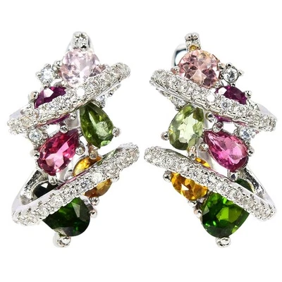 NATURAL AAA MULTI COLOR TOURMALINE & WHITE CZ STERLING 925 SILVER DROP EARRING - Image 1 of 4