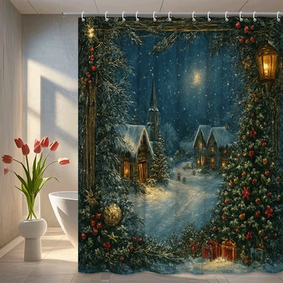 Cortina de Ducha de Navidad - Escena de Invierno con Casas y Árbol Nevados Foto 1 de 4