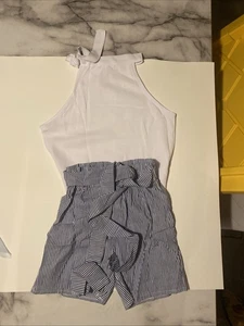 White and blue striped romper with tie waist #stripes - Picture 1 of 1