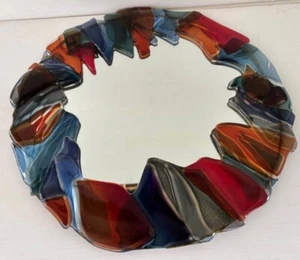 Fused Art Glass Round Abstract Mirror Signed Ready to Hang - Picture 1 of 10