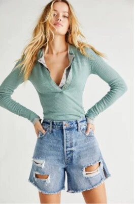 Free People Baggy Tom Boy Shorts Blue Size 24 RPR £70 - Image 1 of 4