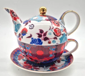 T2 Tea for One Teapot, cup & saucer red/white/navy porcelain with gold trim - Picture 1 of 4