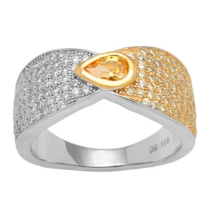 Anillo de plata esterlina conjunto de bisel en forma de pera amarillo y blanco circonio cúbico central - Imagen 1 de 5