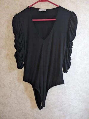 Blusa Dainty Hoologan de una pieza negra Top manga con volantes para mujer Foto 1 de 4