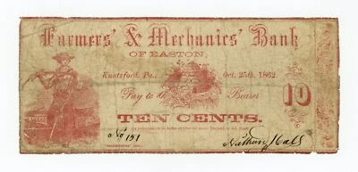 1862 10c Nathan Hall - Kuntzford, PENNSYLVANIA Scrip at Farmers & Mechanics Bank - Image 1 of 2