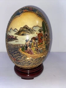 Vtg Hand Painted Moriage Oriental Chinese Porcelain Egg Geisha Gilded w Stand 7" - Picture 1 of 10