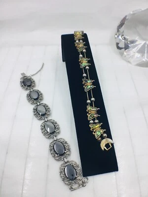 Lot 2 Vtg Butterfly Slider Charms 8" & Black/Gray Oval Rhinestone 7.5" Bracelets - Image 1 of 3