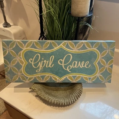 “Girl Cave" turquoise blue canvas art sign with A Pretty border design 20x8 - Image 1 of 2