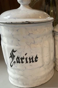 Vintage Enamel Canister, Blue White Farine Flour Storage Jar, French Farmhouse - Picture 1 of 6
