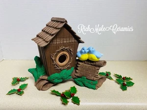 Ceramic Birds On Branch With Birdhouse , Hand painted , 6.5 Inch High - Picture 1 of 2