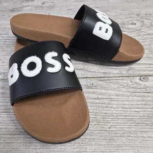 Hugo Boss diapositive gomma nero/beige bianco logo BOSS uomo taglia 8 donna 10 - Foto 1 di 11