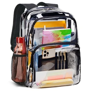 Black Large Heavy Duty Clear Backpack, Transparent See Through Bookbag, College - Picture 1 of 8