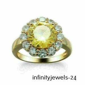 3CT Round Yellow Diamond Lab Created Halo Engagement Ring 14K Yellow Gold Finish - Picture 1 of 6