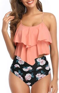 Womens Tankini Swimsuits Ruffled Tank Top Tummy Control Floral Modest XL - Picture 1 of 5