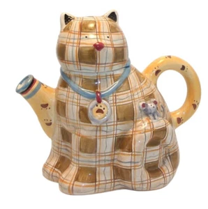 DEBBIE MUMM Plaid Cat Teapot  Sakura Hand Painted Brown Blue 6" Tall - Picture 1 of 7