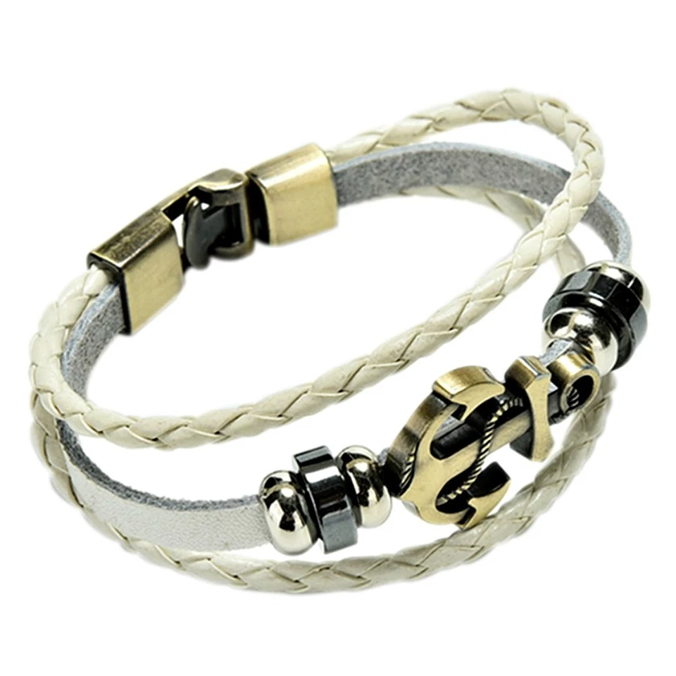 LEDER ANKER ARMBAND WEIß MATROSE ARMKETTE ANCHOR KORDEL SEEMANN SURFER BRACELET - Bild 1 von 1