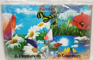 12 pc 3D Thin Plastic Set: 6 PLACEMATS & 6 COASTERS,BUTTERFLIES & FLOWERS,Mirtex - Picture 1 of 12