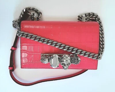 Alexander McQueen Mini Jewelled Satchel Croc Embossed Leather Crossbody Bag Pink - Image 1 of 4