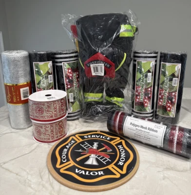 Supply Lot For Fire Fighter Ribbon Wreath Plush Deco Mesh Hero Brave Ribbon - Image 1 of 4