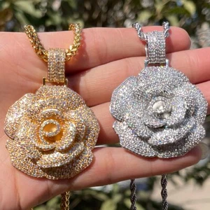 Real Gold Plated Rose Flower 3AAA+ CZ Ice Out Pendant Chain Charm Hop Hip 20In - Picture 1 of 15
