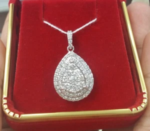 Deal! 1.00CTW Genuine Cluster Diamond Halo Pear Drop Pendant Charm 14K Gold - Picture 1 of 7