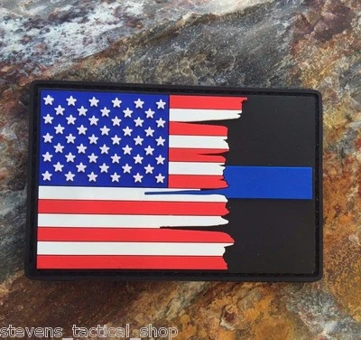 STEVENS TACTICAL SHOP Tattered American Flag Thin Blue Line PVC Patch, Law Enforcement