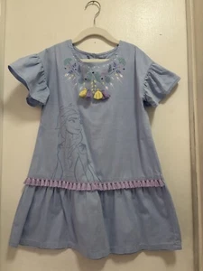 Disney frozen 11 Blue Elsa Floral Print Multi Tassels Chambray Dress Sz S - Picture 1 of 7