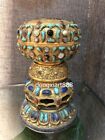 7" Tibetan Pure Copper 24K Gold inlay turquoise gemstone crock Vase Pot jar jug