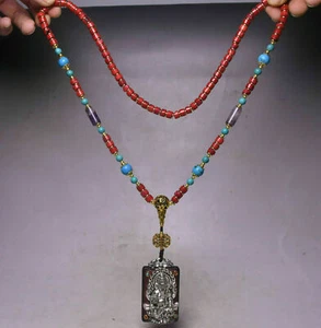 45CM China Tibeten Silver Coral Turquoise 4 Arms Elephant Mammon Buddha Necklace - Picture 1 of 8