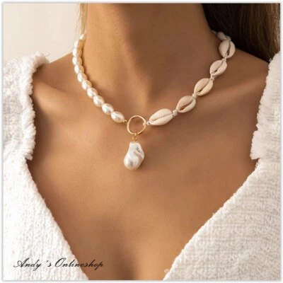 Damen Halskette Muschel Kaurimuschl Surfer Schmuck Perlen Kette verstellbar - Bild 1 von 4