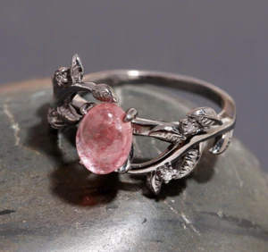 Red Strawberry Quartz Oval Leaf Ring 925 Sterling Silver Black Oxidized Jewelry  - Picture 1 of 8