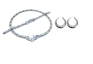 SILVER I LOVE YOU HEART NECKLACE BRACELET SET DIAMOND CUT HOOPS XOXO - Picture 1 of 1