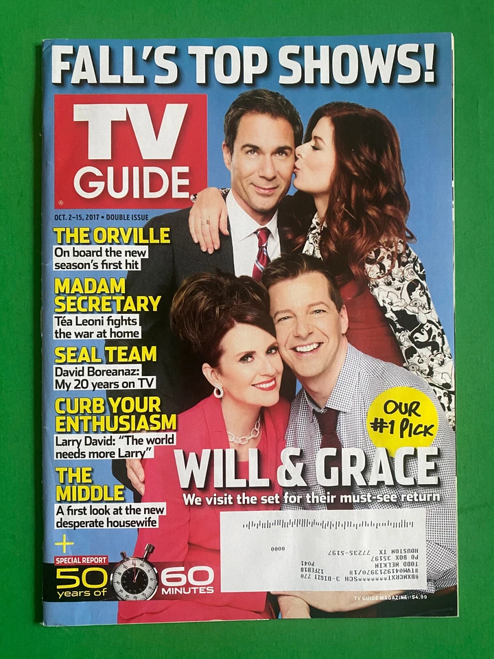 TV GUIDE Magazine October 2-15 2017 Will & Grace David Boreanaz Larry David - Image 1 of 1