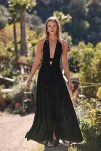Free People Look Into The Sun Halter Maxi Black Smocked Cutout V Neck Dress S - Picture 1 of 9