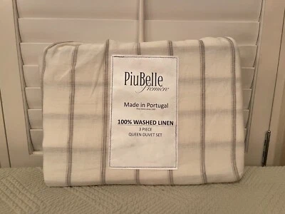 PiuBelle Piu Belle 100% Linen Queen Duvet Set 3pc Portugal - White w/ stripe NIB - Image 1 of 3