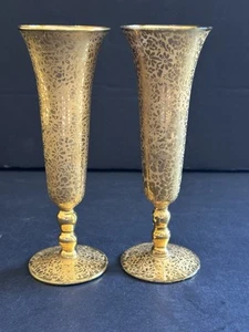 Set of 2 Vintage Mid-Century 60s RANSGIL Crystal 22K Floral Etched Gold Vases - Picture 1 of 23