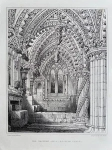 1852 Antique Print; Rosslyn Chapel, Roslin, Lothian, Scotland after Billings - Picture 1 of 2