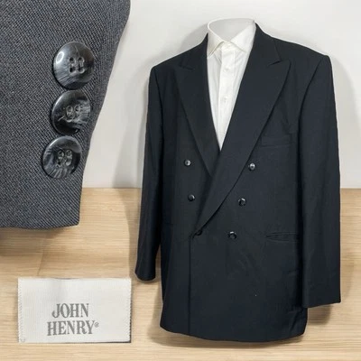 John Henry Blazer Jacket Mens 46L Black Solid Polyester Double Breasted Peak - Image 1 of 4
