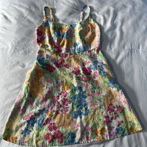 Antiguo Vestido Solero Floral Azul Marino Pequeño Lino Rayón Rosa Amarillo Azul Floral Tirantes - Imagen 1 de 15