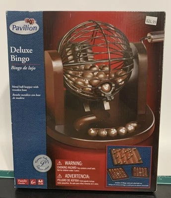 Pavilion Games Deluxe Wooden Bingo Metal Ball Hopper Cards Chips Mahogany Finish - Image 1 of 4