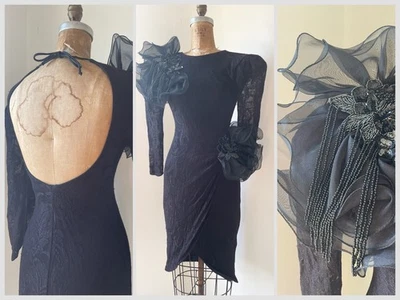 Vintage ‘80s David Howard Black Lace Sexy Body Con Dress Party Dramatic 6 XS/S - Image 1 of 4