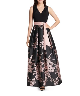 Eliza J Dress Womens 14 Black Pink Floral Jacquard Maxi Gown V Neck Sash Evening - Image 1 of 4