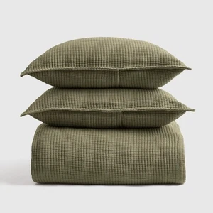 Neu mit Etikett Quitten Set Bio gerippte Baumwolle Decke olivgrün King Neu - Bild 1 von 6