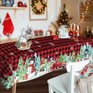 Christmas Tablecover Snowflake Red Truck Table Cloth Xmas Decor Buffalo Plaid - Picture 1 of 8
